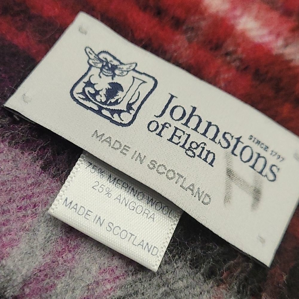 johnstons of Elgin Merino Wool and Angora Purple Tartan Fringed Scarf - Picture 2 of 5